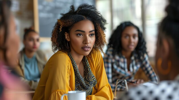 Mulher jovem pensativa olhando para longe enquanto está sentada em uma mesa em um café com seus amigos