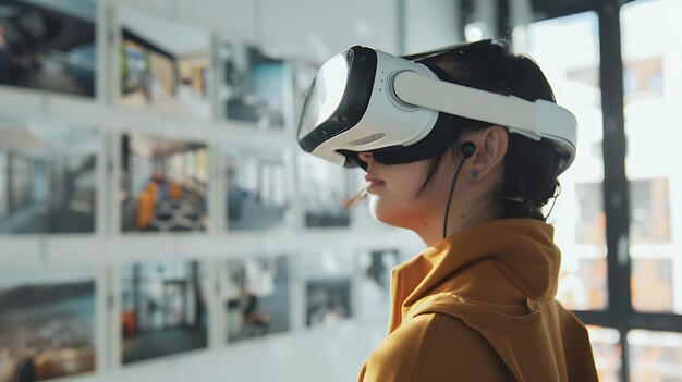 Foto mulher jovem pensativa usando fone de ouvido de realidade virtual e fumando cigarro