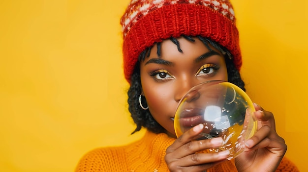 Mulher jovem pensativa vestindo um boné vermelho e um suéter laranja olha para uma bola de cristal