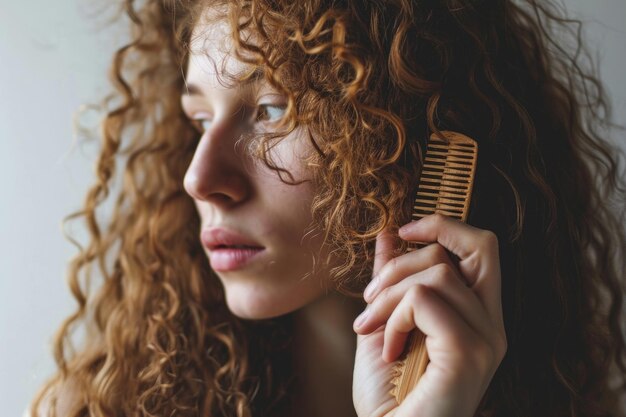 Mulher jovem penteando o cabelo encaracolado contra um fundo branco