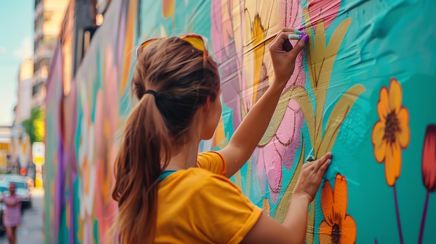 Mulher jovem pintando um mural de flores em uma parede ela está vestindo uma camisa amarela e tem o cabelo em um rabo de cavalo