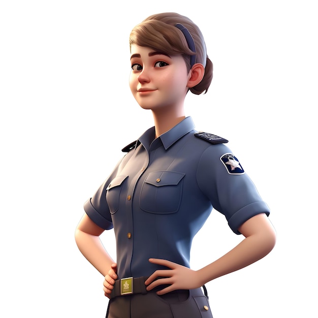 Mulher jovem policial isolada em renderização 3D de fundo branco Personagem de desenho animado