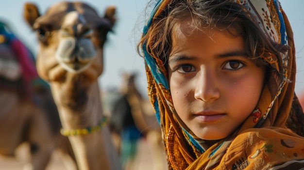 Mulher jovem posa em um sari com camelos no deserto