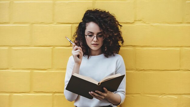 Foto mulher jovem posando isolada sobre a parede amarela lendo um livro tomando notas