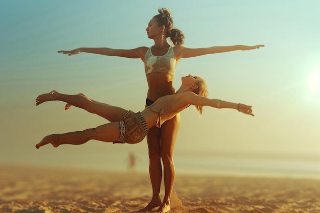 Mulher jovem praticando acroyoga posa com um parceiro