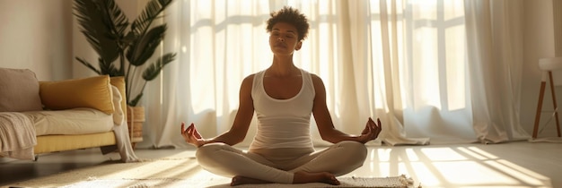 Foto mulher jovem praticando ioga e meditação bandeira interna