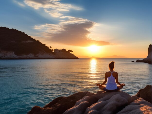 Mulher jovem praticando ioga e meditação perto do mar ao nascer do sol estilo de vida saudável