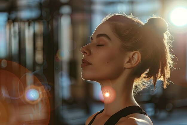 Foto mulher jovem praticando ioga focando no ajna chakra