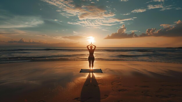 Foto mulher jovem praticando ioga na praia ao nascer do sol ela está de pé em um tapete de ioga com as mãos levantadas no ar