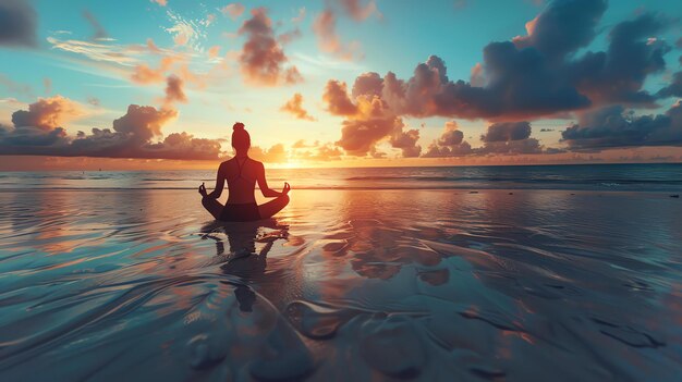Mulher jovem praticando ioga na praia ao pôr-do-sol Ela está sentada em posição de pernas cruzadas com as mãos apoiadas nos joelhos