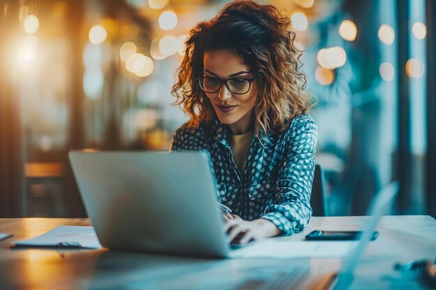 Mulher jovem profissional trabalhando em laptop em um ambiente aconchegante de café com iluminação ambiente quente