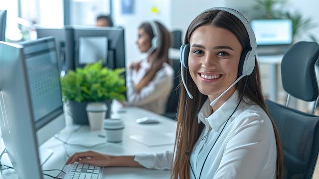 Mulher jovem profissional usando fone de ouvido em um espaço de trabalho de escritório moderno Agente de suporte ao cliente sorrindo em sua mesa Inteligência Artificial de comunicação de negócios eficiente