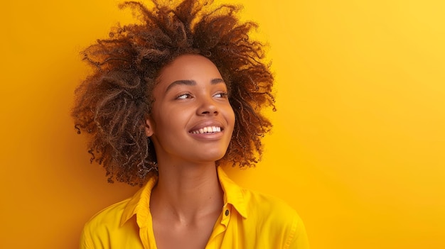 Mulher jovem radiante com belos cabelos afro sorrindo contra um retrato de fundo amarelo monocromático