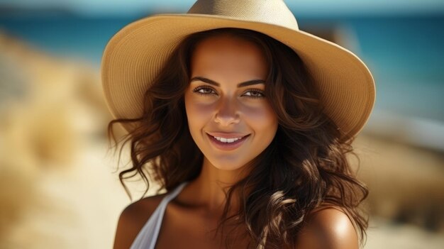 Mulher jovem radiante com um chapéu de sol sorrindo em um cenário de praia ensolarada