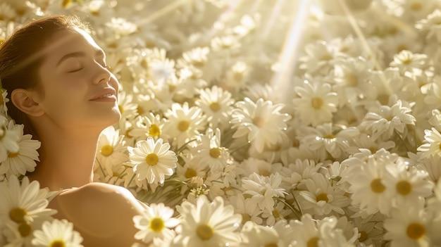 Mulher jovem radiante desfrutando da luz do sol em um campo de margaridas em flor conceito de natureza serena