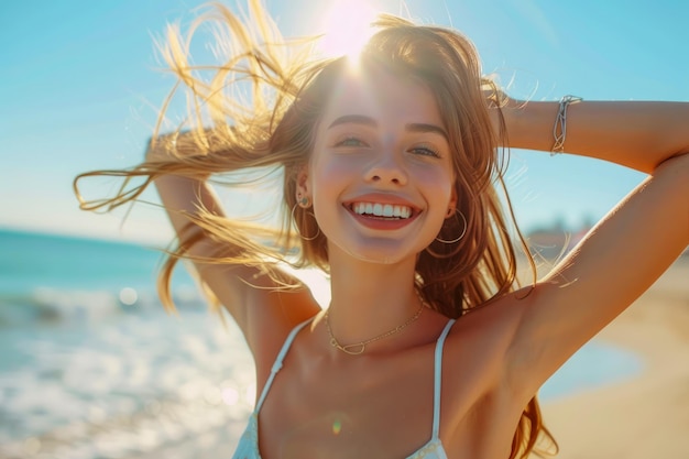 Mulher jovem radiante desfrutando de um dia de praia ensolarada sorrindo com o vento no cabelo e o céu azul de fundo