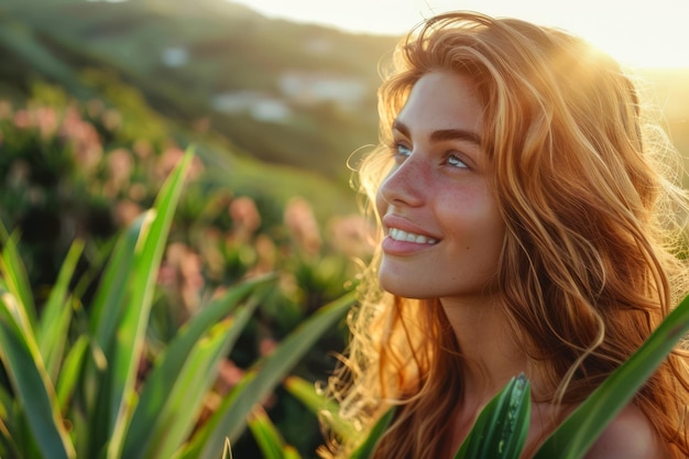 Mulher jovem radiante desfrutando do pôr-do-sol dourado em meio à natureza beleza serena retrato ao ar livre