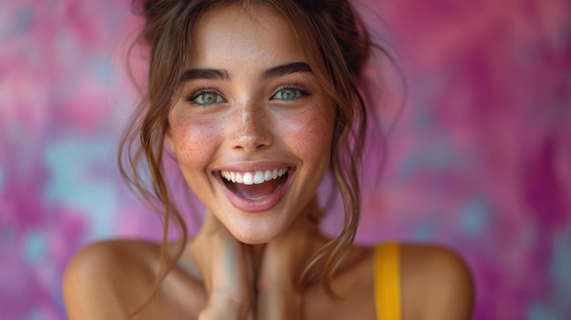 Foto mulher jovem radiante sorrindo de alegria contra um fundo rosa vibrante
