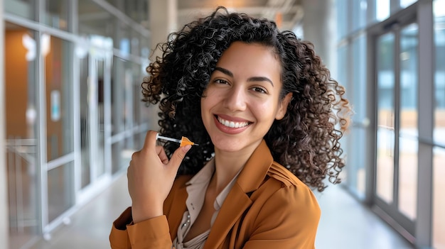 Mulher jovem radiante sorrindo em um escritório brilhante, estilo de negócios casual, confiante e amigável, perfeita para representações de estilo de vida moderno.