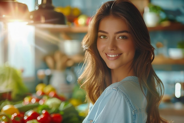 Mulher jovem radiante sorrindo na cozinha ensolarada com legumes frescos na bancada Estilo de vida saudável