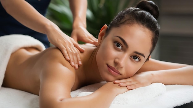 Mulher jovem recebendo uma massagem nas costas em um centro de spa