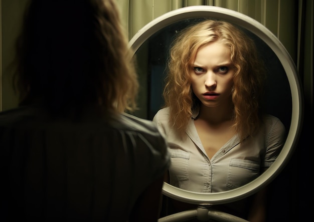 Foto mulher jovem refletindo o rosto cauteloso no espelho