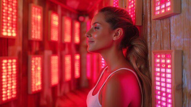 Mulher jovem relaxando em um banco de madeira em um tratamento de sauna infravermelho