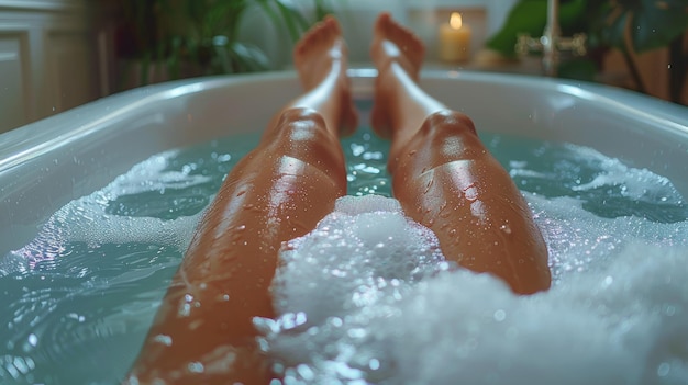 Mulher jovem relaxando em um banho de bolhas à luz de velas