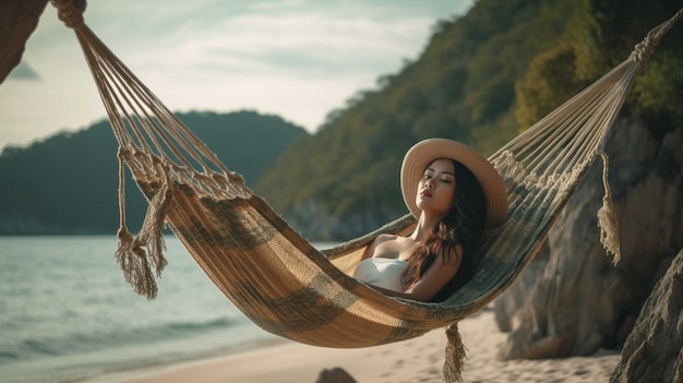 Mulher jovem relaxando em uma hamaca em uma praia tropical conceito de férias