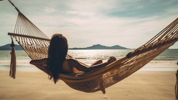 Mulher jovem relaxando em uma hamaca em uma praia tropical conceito de férias