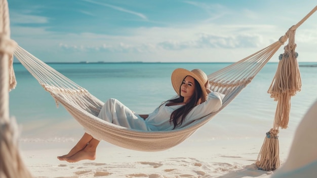 Mulher jovem relaxando em uma hamaca em uma praia tropical conceito de férias