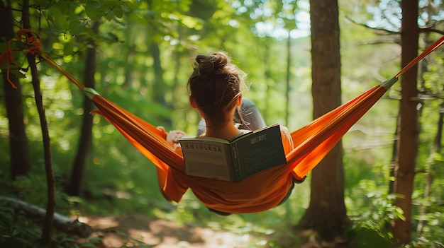 Mulher jovem relaxando em uma hamaca na floresta Ela está lendo um livro e desfrutando da paz e tranquilidade da natureza