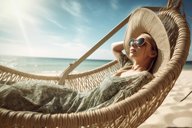 Mulher jovem relaxando em uma hamaca na praia conceito de férias