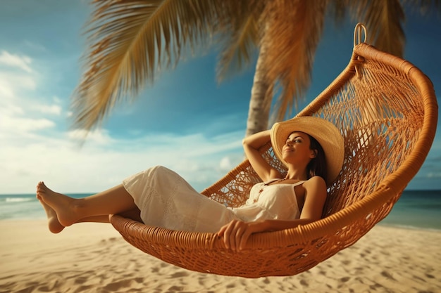 Mulher jovem relaxando em uma hamaca na praia conceito de férias