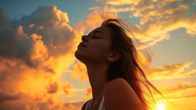 Mulher jovem relaxando no pôr-do-sol de verão céu ao ar livre Pessoas estilo liberdade