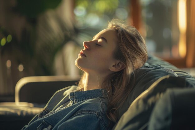 Mulher jovem relaxando no sofá meditando para a paz de espírito