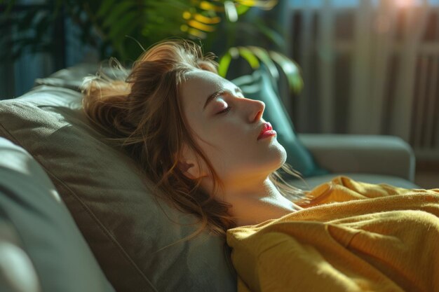 Mulher jovem relaxando no sofá meditando para a paz de espírito