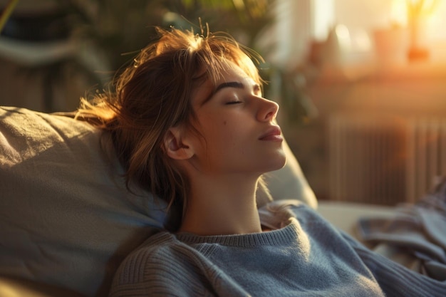 Mulher jovem relaxando no sofá meditando para a paz de espírito