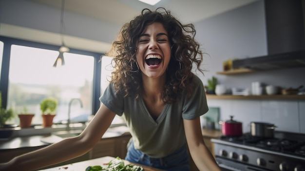 Mulher jovem ri enquanto cozinha na cozinha