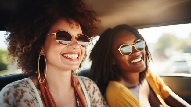 Mulher jovem rindo usando óculos de sol dirigindo um carro com sua namorada criada com tecnologia de IA generativa