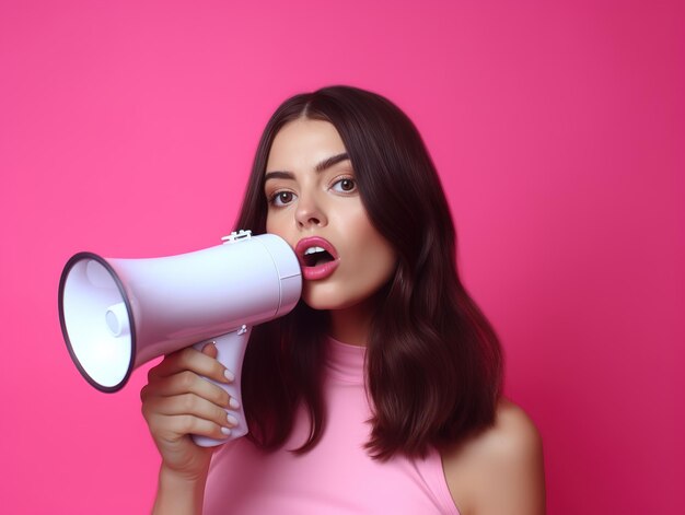 Mulher jovem segurando megafone e falando