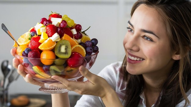 Foto mulher jovem segurando salada de frutas em uma tigela de vidro