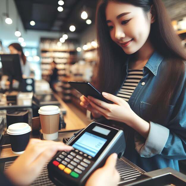 Foto mulher jovem segurando smartphone e dispositivo de pagamento no corredor de um supermercado