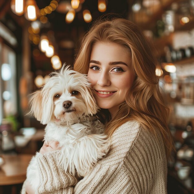 Mulher jovem segurando um cãozinho branco em suas mãos um cão fofo e bonito nos braços do dono amoroso