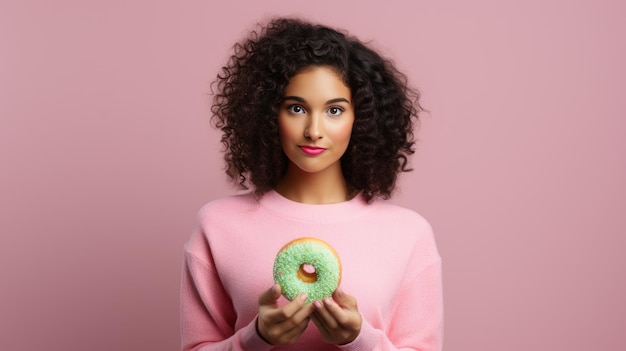 Mulher jovem segurando um donut espalhado