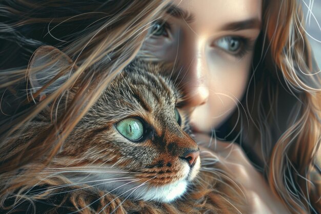 Mulher jovem segurando um gato siberiano bonito retrato em close-up