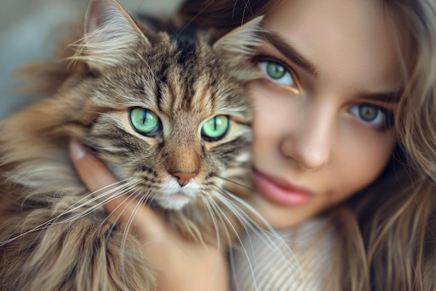 Mulher jovem segurando um gato siberiano bonito retrato em close-up