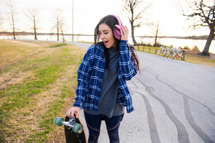 Foto mulher jovem segurando um skate enquanto está de pé na estrada