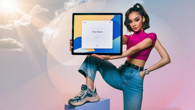 Foto mulher jovem segurando um tablet com espaço para cópia