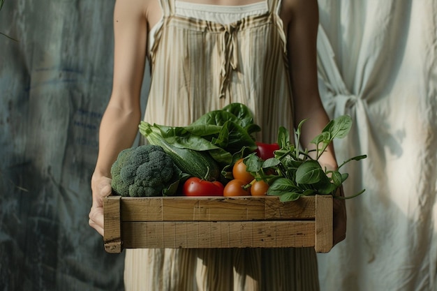 Mulher jovem segurando uma caixa de madeira cheia de vegetais verdes